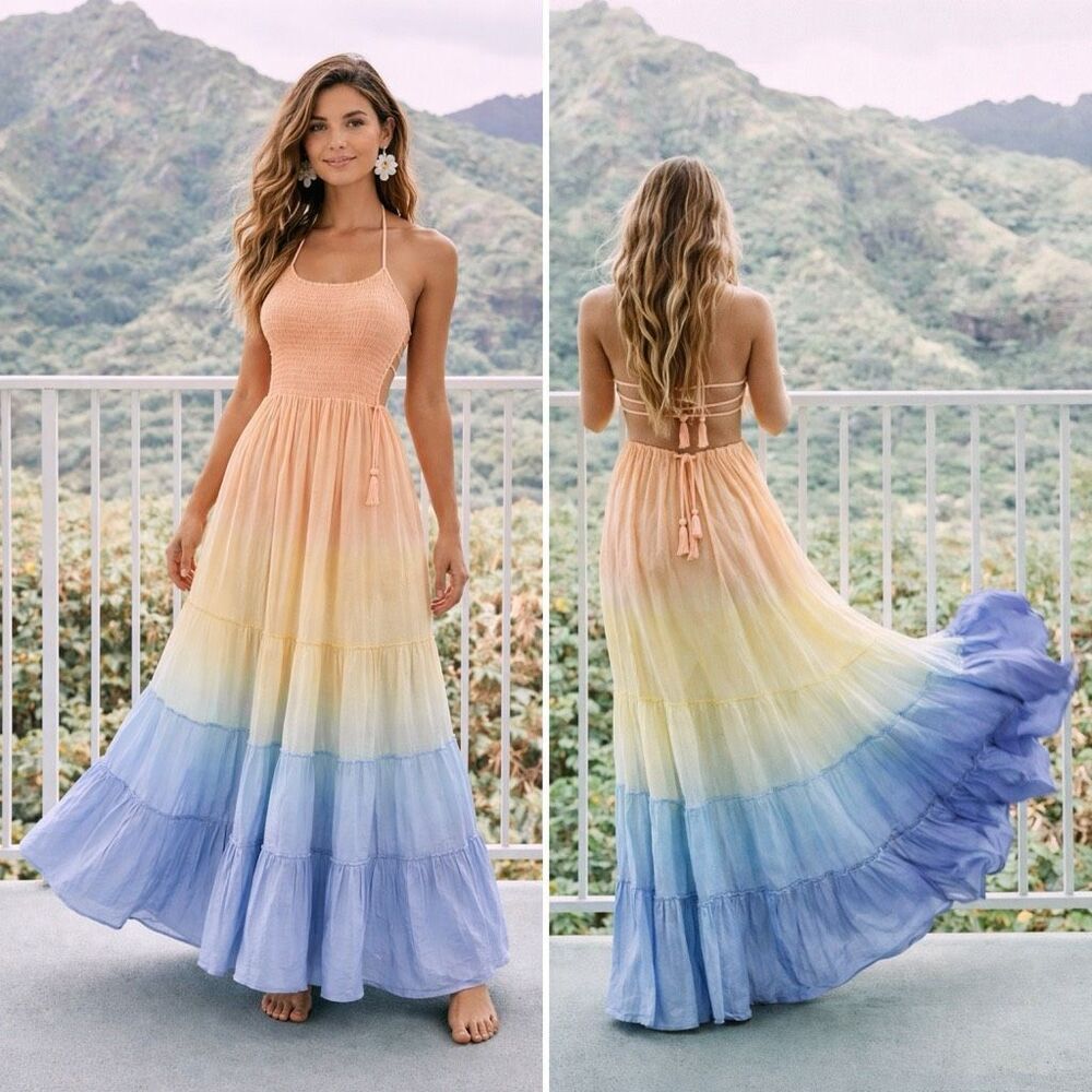 Tiare Hawaii Naia Maxi Dress S/M Peach Yellow Blue Ombre Smocked Boho Beachy - Picture 2 of 13